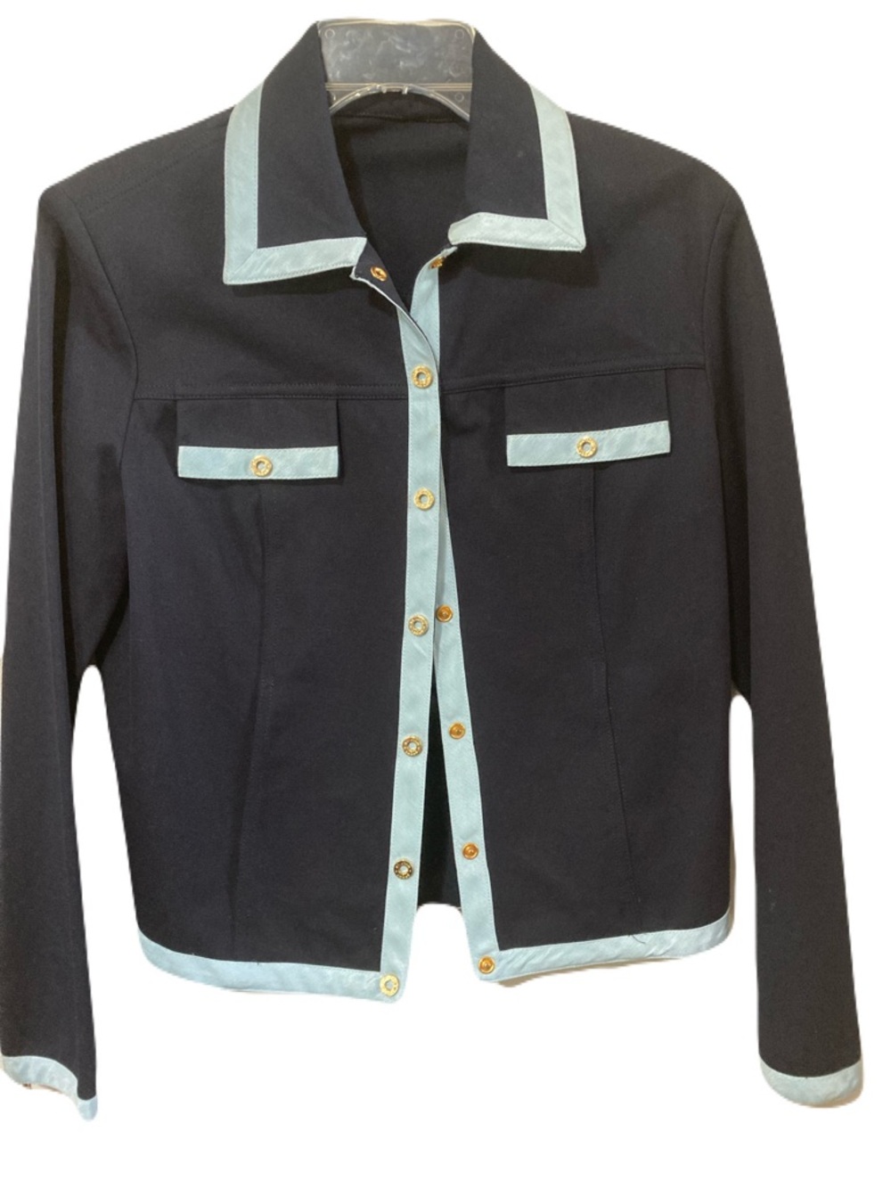 Women's Black Blazer with Mint Trim and Gold Buttons